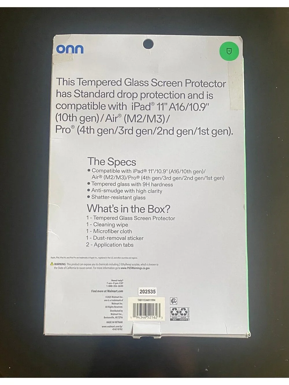 Onn Glass Screen Protector for iPad 11” A16/10.9”10th gen/Air M2,3/Pro4,3,2,1gen